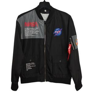 NASA Bomber Jacket Mens Large Black Windbreaker Full Zip USA Patch Halloween